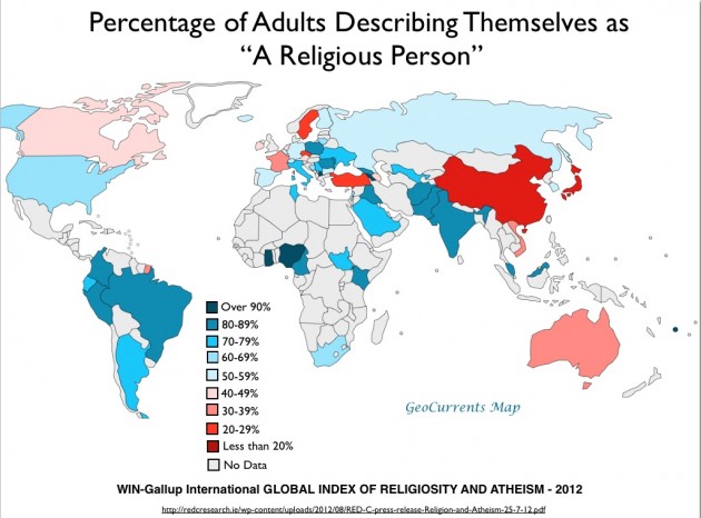 According to a 2012 Gallup Poll, religiosity has dropped 9 percent globally since 2005. The most religious country in the world is Ghana at 96%. The least is China at 14%. The US rate of religiosity is at 60%.  However, the greatest rise in Atheism occurred in France, which is now at 29%.  See http://redcresearch.ie/wp-content/uploads/2012/08/RED-C-press-release-Religion-and-Atheism-25-7-12.pdf  http://redcresearch.ie/wp-content/uploads/2012/08/RED-C-press-release-Religion-and-Atheism-25-7-12.pdf