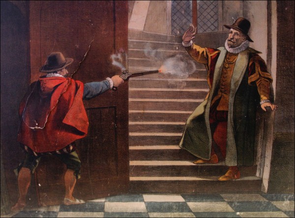 The Dutch Prince of Orange, also known as William the Silent because he was legendary for keeping his opinion to himself, was supposedly the first head of state to be assasinated by handgun (1584).  He was murdered by Catholic Frenchman Balthasar Gerard because he betrayed the Spanish king and the Catholic religion.  Gerard was brutally tortured afterwards.  His right hand was burned off with a red-hot iron, and then he was quartered and disembowelled alive. body was quartered