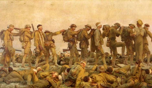 This oil painting entitled "Gassed" was completed in 1919 by artist John Singer Sargent. It illustrates the aftermath of a mustard gas attack during World War I.  Sargent's painting is based upon a saying of Jesus that appears in the Gospels: "Can the blind lead the blind? Will they not both fall into the ditch?"