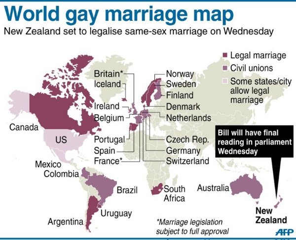 New Zealand is the latest country to legalize gay marriage. The first country to do so was the Netherlands in 2001. Since then, Belgium (2003), Spain (2005), Canada (2005), South Africa (2006), Norway (2009), Sweden (2009), Portugal (2010), Iceland (2010), Argentina (2010), Denmark (2012), Brazil (2013), France (2013) and Uruguay (2013). In some countries such as the US and Mexico, it is allowed in certain states only. Other countries only recognize a civil union.