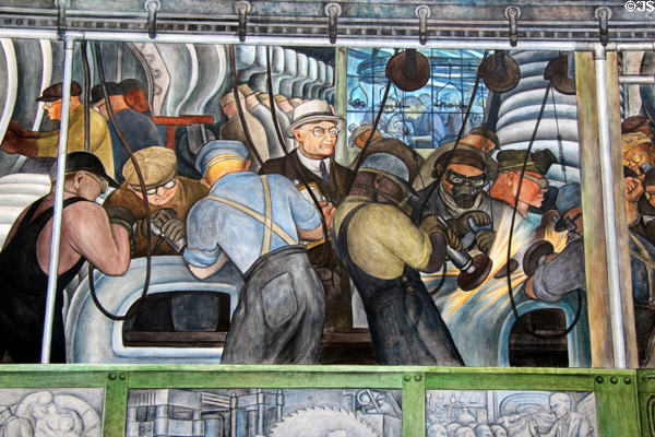 In 1932, Edsel Ford commissioned Mexican artist Diego Rivera to do a series of 27 frescoes called the Detroit Industry.  Given full artistic freedom, Rivera depicted the arduous work conditions and strict supervisorial scrutiny the employees dealt with at the Ford River Rouge Plant.  For more on this story, please read:  http://www.michelleparsons.com/henry-ford-the-international-jew/     http://www.michelleparsons.com/henry-ford-the-international-jew/