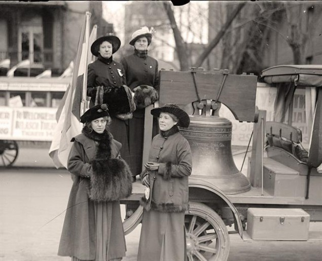 A replica of the Liberty Bell, which was cast in 1915, was used to promote women's suffrage. It traveled throughout America with its clapper chained to its side, silent until women finally won the right to vote. In 1920, it was brought to Independence Hall and rung when the 19th amendment was ratified.