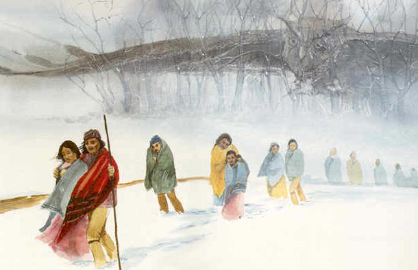 During the winter of 1838, more than 16,000 Cherokee Indians were physically removed from their native land in the South and forced to relocate to the Indian Territory in what is now known as Oklahoma.  They had little clothing and almost no food, and many died during the thousand-mile death march known as the Trail of Tears.  