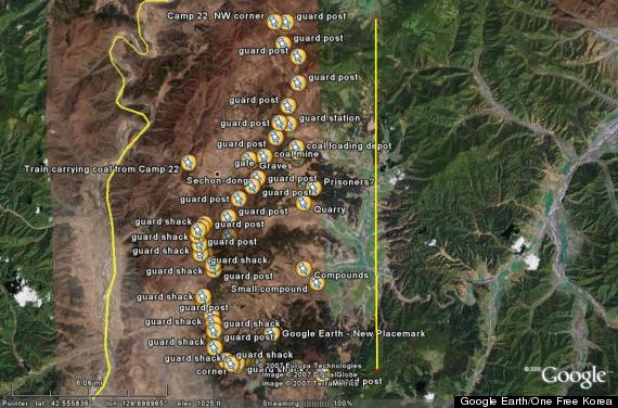 Google Earth has aided human rights activists identify the prison camps in North Korea.  It is estimated that more than 250,000 prisoners are being held in dozens of these labor camps.  Approximately 50,000 men, women and children are housed in Camp 22 (pictured), and there are reports of prisoners stoning each other to death over a kernel of corn, and women frequently being raped by prison guards.  Many are in for minor offenses (such as watching a foreign soap opera) or because their relative committed a crime. 