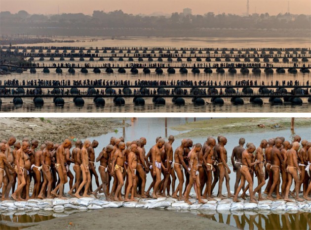 Considered one of the largest and most peaceful gatherings in the world,  The Kumbh Mela in India is a festival of faith in which millions make the pilgramage to bathe in the sacred Ganges river. The men below are headed to a holy initiation ceremony where they cast off self-interest for the common good.